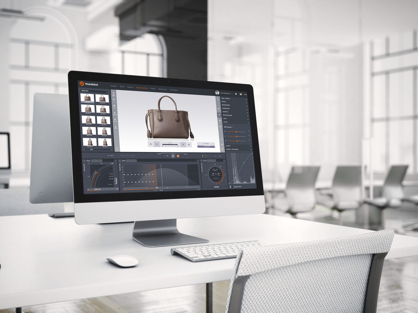 uni-Robot output on Apple display — 360° handbag rendering